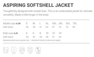 VCCNZ Aspiring Softshell Jacket:Size Chart